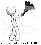 Poster, Art Print Of White Design Mascot Woman Dusting With Feather Duster Upwards