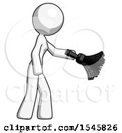 Poster, Art Print Of White Design Mascot Woman Dusting With Feather Duster Downwards