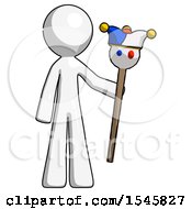 White Design Mascot Man Holding Jester Staff