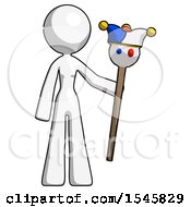 Poster, Art Print Of White Design Mascot Woman Holding Jester Staff