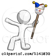 White Design Mascot Man Holding Jester Staff Posing Charismatically