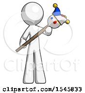 Poster, Art Print Of White Design Mascot Man Holding Jester Diagonally