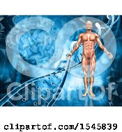 Poster, Art Print Of 3d Man With Visible Muscle Map Standing Over A Brain And Dna Background