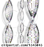 Clipart Of 3d Silver And Colorful Dna Strands On A Shaded Background Royalty Free Illustration