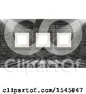 Poster, Art Print Of 3d Wood Floor And Brick Wall With Light Shining On Blank Picture Frames