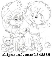 Clipart Of A Lineart Girl Playing Nurse With A Boy Royalty Free Vector Illustration by Alex Bannykh