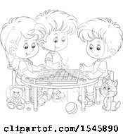 Poster, Art Print Of Lineart Cat Watching A Group Of Children Play Checkers At A Table