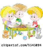 Poster, Art Print Of Cat Watching A Group Of Kids Play Checkers At A Table