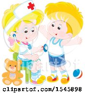 Poster, Art Print Of Blond Caucasian Girl Playing Nurse With A Boy
