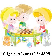 Clipart Of A Cat Watching A Group Of Children Play Checkers At A Table Royalty Free Vector Illustration by Alex Bannykh