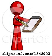Poster, Art Print Of Red Design Mascot Man Using Clipboard And Pencil