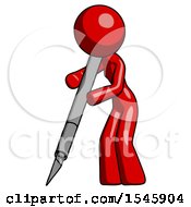 Red Design Mascot Woman Cutting With Large Scalpel