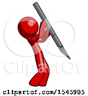 Poster, Art Print Of Red Design Mascot Man Stabbing Or Cutting With Scalpel