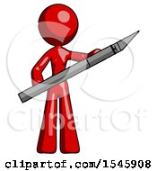 Poster, Art Print Of Red Design Mascot Woman Holding Large Scalpel