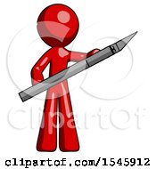 Poster, Art Print Of Red Design Mascot Man Holding Large Scalpel