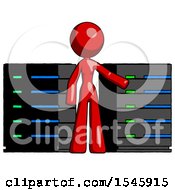 Poster, Art Print Of Red Design Mascot Woman With Server Racks In Front Of Two Networked Systems