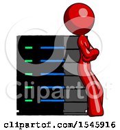 Poster, Art Print Of Red Design Mascot Woman Resting Against Server Rack Viewed At Angle