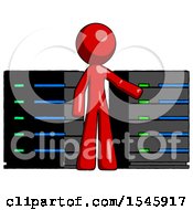 Poster, Art Print Of Red Design Mascot Man With Server Racks In Front Of Two Networked Systems