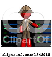 Poster, Art Print Of Red Explorer Ranger Man With Server Racks In Front Of Two Networked Systems