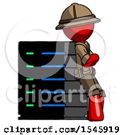 Poster, Art Print Of Red Explorer Ranger Man Resting Against Server Rack Viewed At Angle