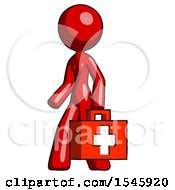 Red Design Mascot Woman Walking With Medical Aid Briefcase To Left