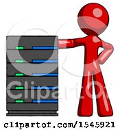 Poster, Art Print Of Red Design Mascot Man With Server Rack Leaning Confidently Against It