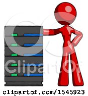 Poster, Art Print Of Red Design Mascot Woman With Server Rack Leaning Confidently Against It
