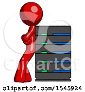 Red Design Mascot Man Resting Against Server Rack