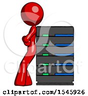 Poster, Art Print Of Red Design Mascot Woman Resting Against Server Rack