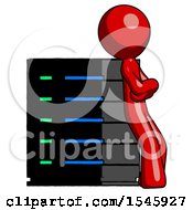 Red Design Mascot Man Resting Against Server Rack Viewed At Angle