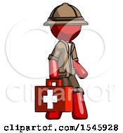 Poster, Art Print Of Red Explorer Ranger Man Walking With Medical Aid Briefcase To Right