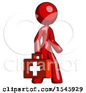 Red Design Mascot Woman Walking With Medical Aid Briefcase To Right