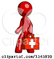 Red Design Mascot Man Walking With Medical Aid Briefcase To Left