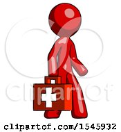 Poster, Art Print Of Red Design Mascot Man Walking With Medical Aid Briefcase To Right