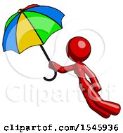 Poster, Art Print Of Red Design Mascot Woman Flying With Rainbow Colored Umbrella