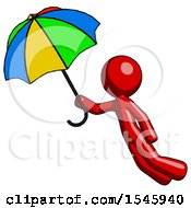 Red Design Mascot Man Flying With Rainbow Colored Umbrella