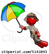 Poster, Art Print Of Red Explorer Ranger Man Flying With Rainbow Colored Umbrella