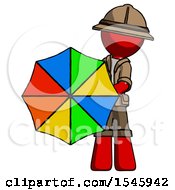 Poster, Art Print Of Red Explorer Ranger Man Holding Rainbow Umbrella Out To Viewer