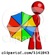 Red Design Mascot Woman Holding Rainbow Umbrella Out To Viewer