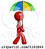 Poster, Art Print Of Red Design Mascot Man Walking With Colored Umbrella