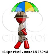 Red Explorer Ranger Man Walking With Colored Umbrella