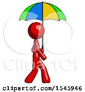 Poster, Art Print Of Red Design Mascot Woman Walking With Colored Umbrella