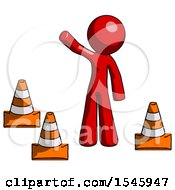 Red Design Mascot Man Standing By Traffic Cones Waving