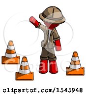 Poster, Art Print Of Red Explorer Ranger Man Standing By Traffic Cones Waving