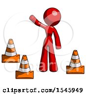 Poster, Art Print Of Red Design Mascot Woman Standing By Traffic Cones Waving