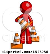 Poster, Art Print Of Red Design Mascot Man Holding A Traffic Cone