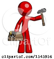 Poster, Art Print Of Red Design Mascot Man Holding Tools And Toolchest Ready To Work