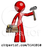 Poster, Art Print Of Red Design Mascot Woman Holding Tools And Toolchest Ready To Work