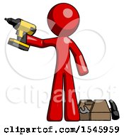 Poster, Art Print Of Red Design Mascot Man Holding Drill Ready To Work Toolchest And Tools To Right