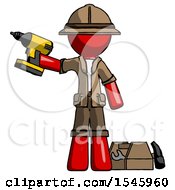 Poster, Art Print Of Red Explorer Ranger Man Holding Drill Ready To Work Toolchest And Tools To Right